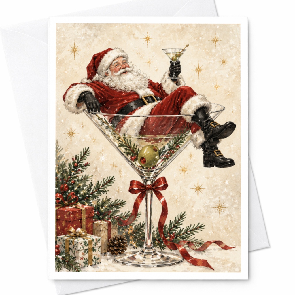 Santa In Martini Glass Christmas Card Festive Holiday Greeting Card For Him Funny Santa Card With Gifts And Pine Branches C7789