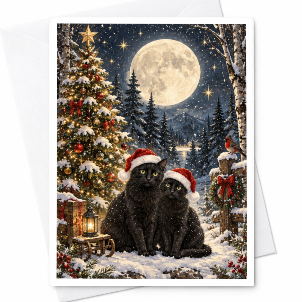 Black Cats Christmas Card Cute Holiday Greeting Card Festive Cats With Santa Hats Winter Scene For Cat Lover Seasonal Card C7794