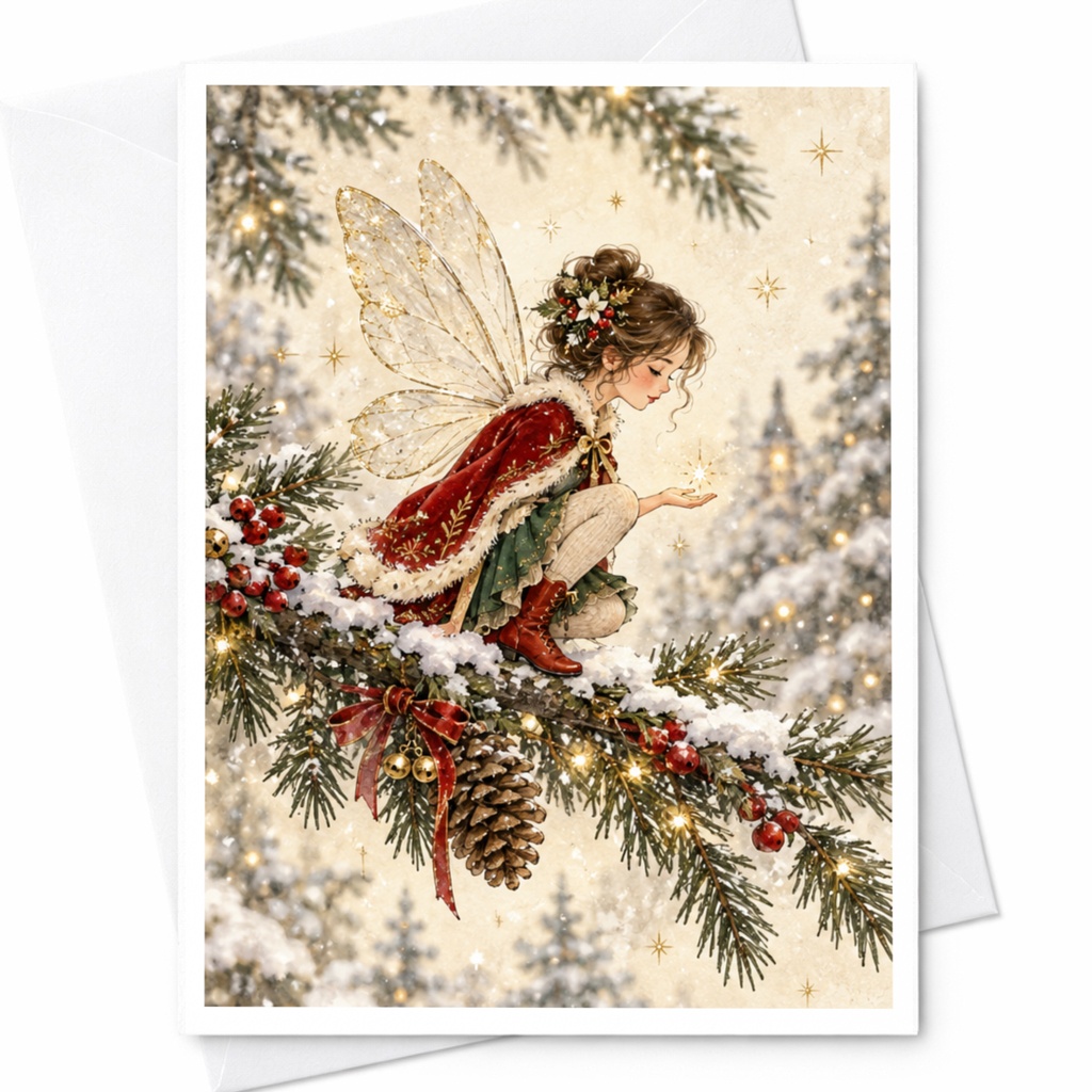 Fairy On Snowy Branch Christmas Card Enchanting Holiday Greeting Card For Her Magical Winter Scene Festive Fairy Tale Card C7803
