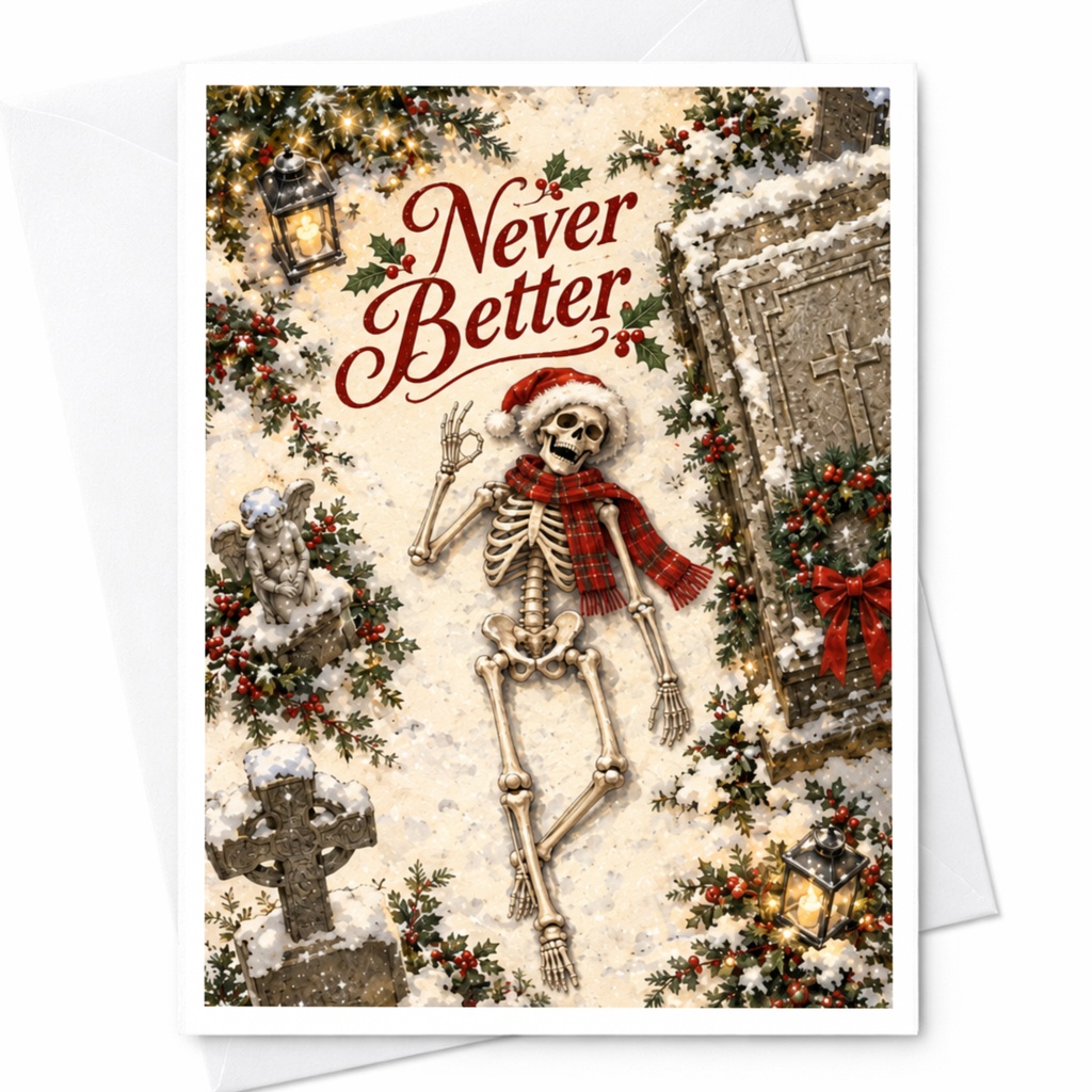 Never Better Funny Christmas Card Skeleton Holiday Festive Greeting Card For Friends Unique Xmas Card C7805