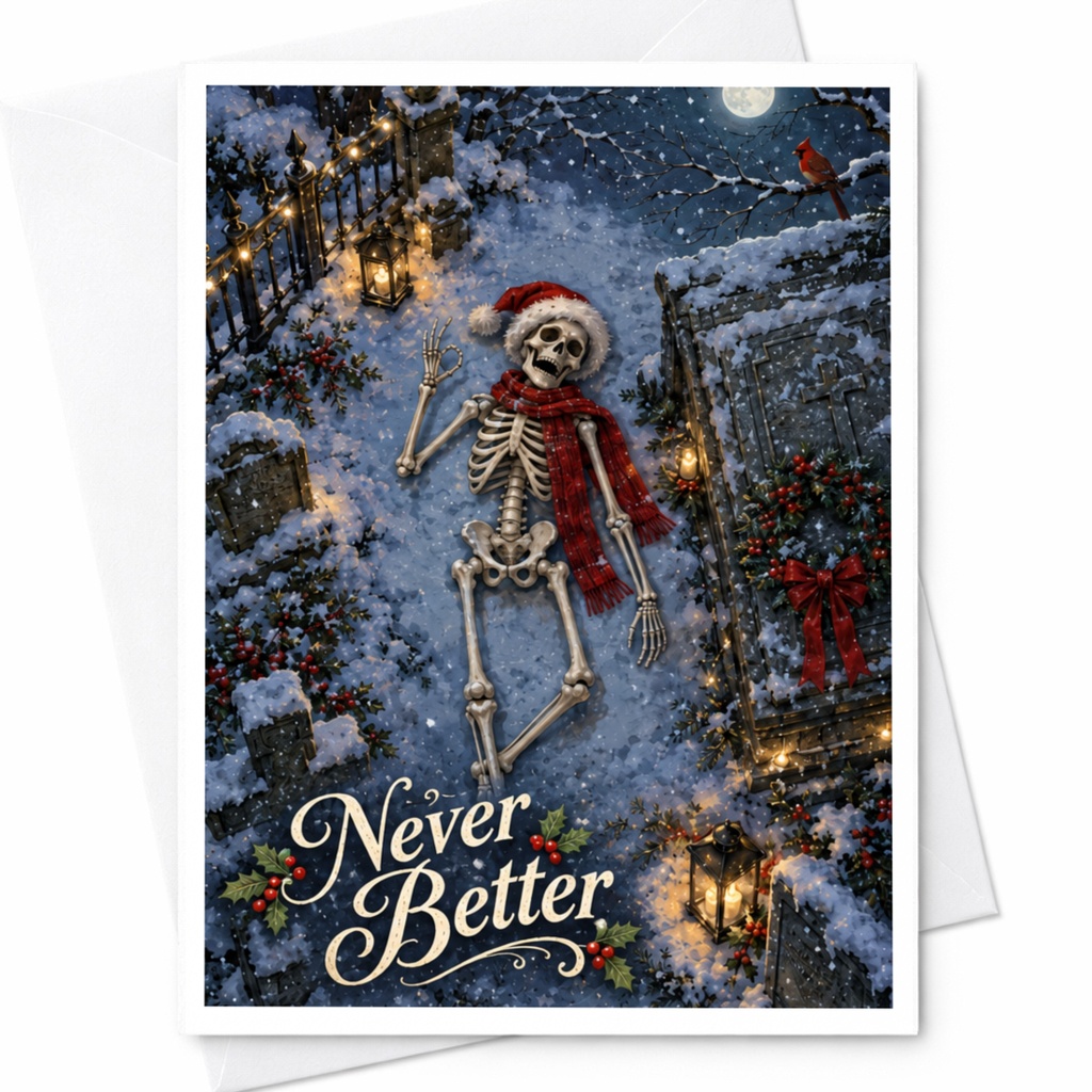 Never Better Christmas Card Funny Skeleton Winter Scene Holiday Greeting Card For Friends Festive Card C7806