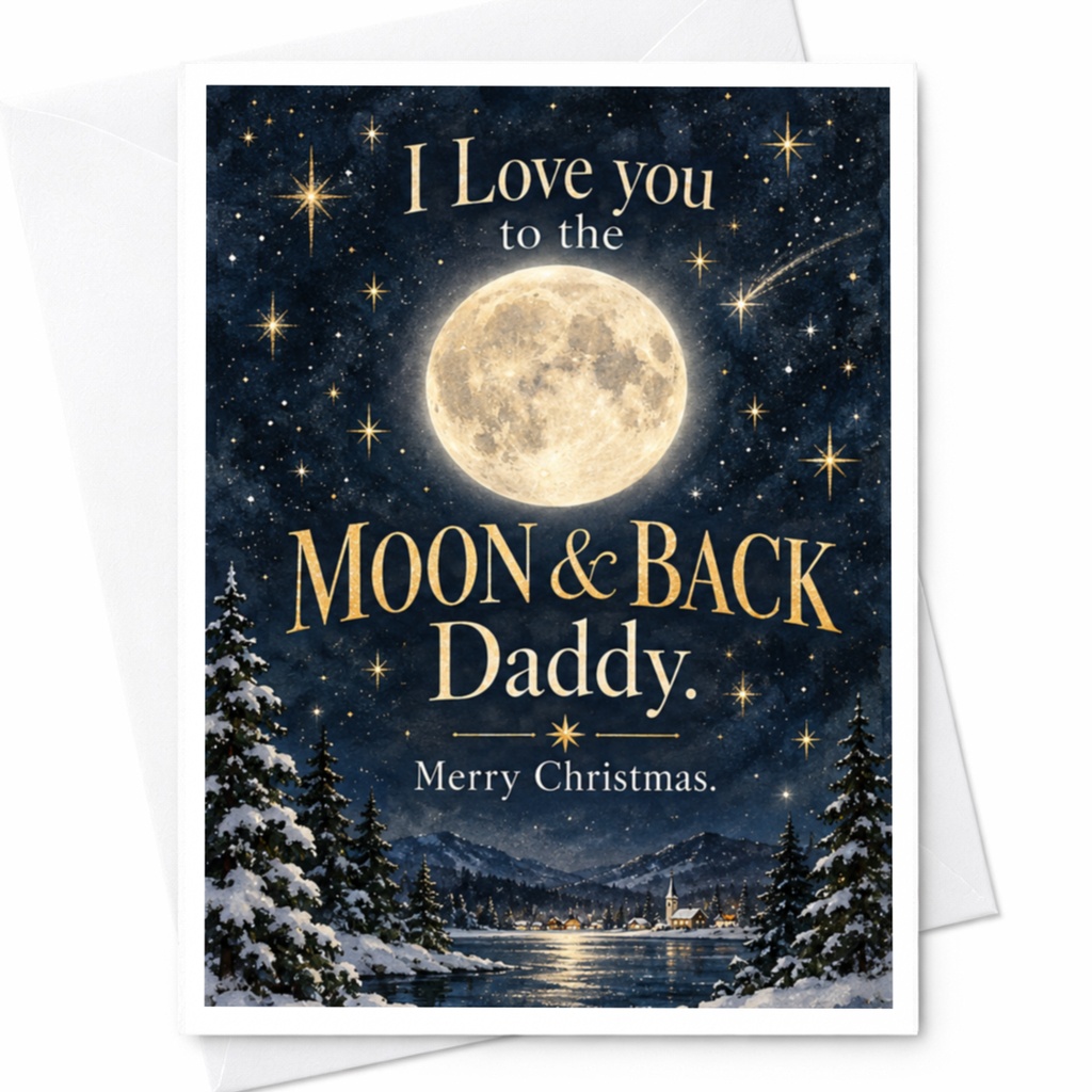 I Love You To The Moon & Back Daddy. Merry Christmas. Christmas Card For Dad From Kids Cute Holiday Card Starry Night C7809