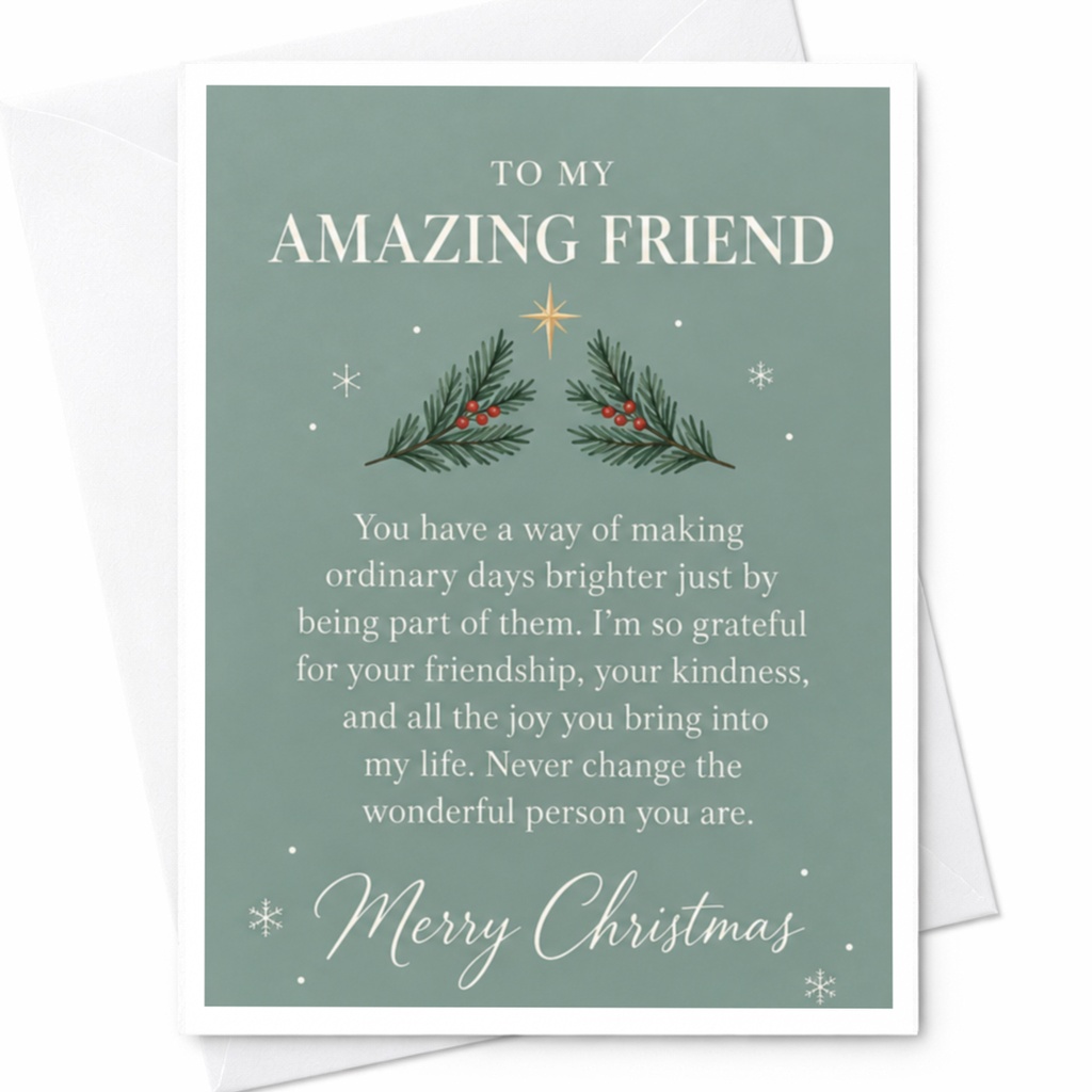 To My Amazing Friend Merry Christmas Card Festive Holiday Greeting For Friend Heartfelt Xmas Card With Greenery C7812