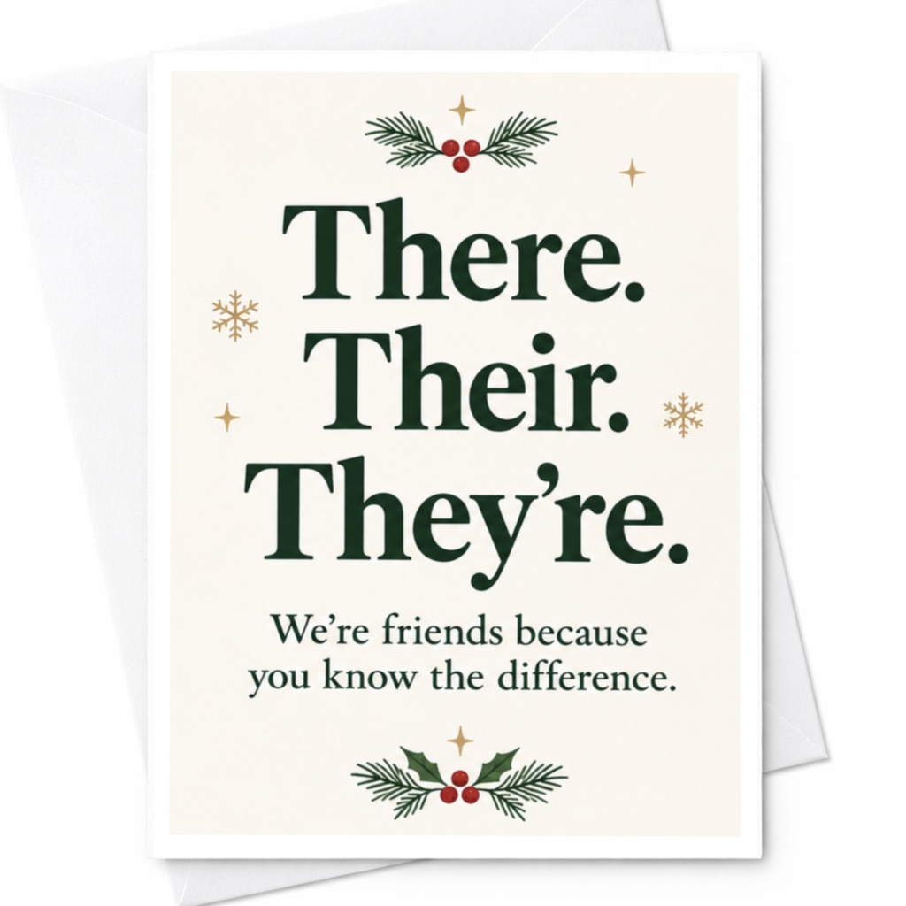 There. Their. They're. Friendship Card Funny Grammar Card For Friend Christmas Holiday Card Cute Holly C7815