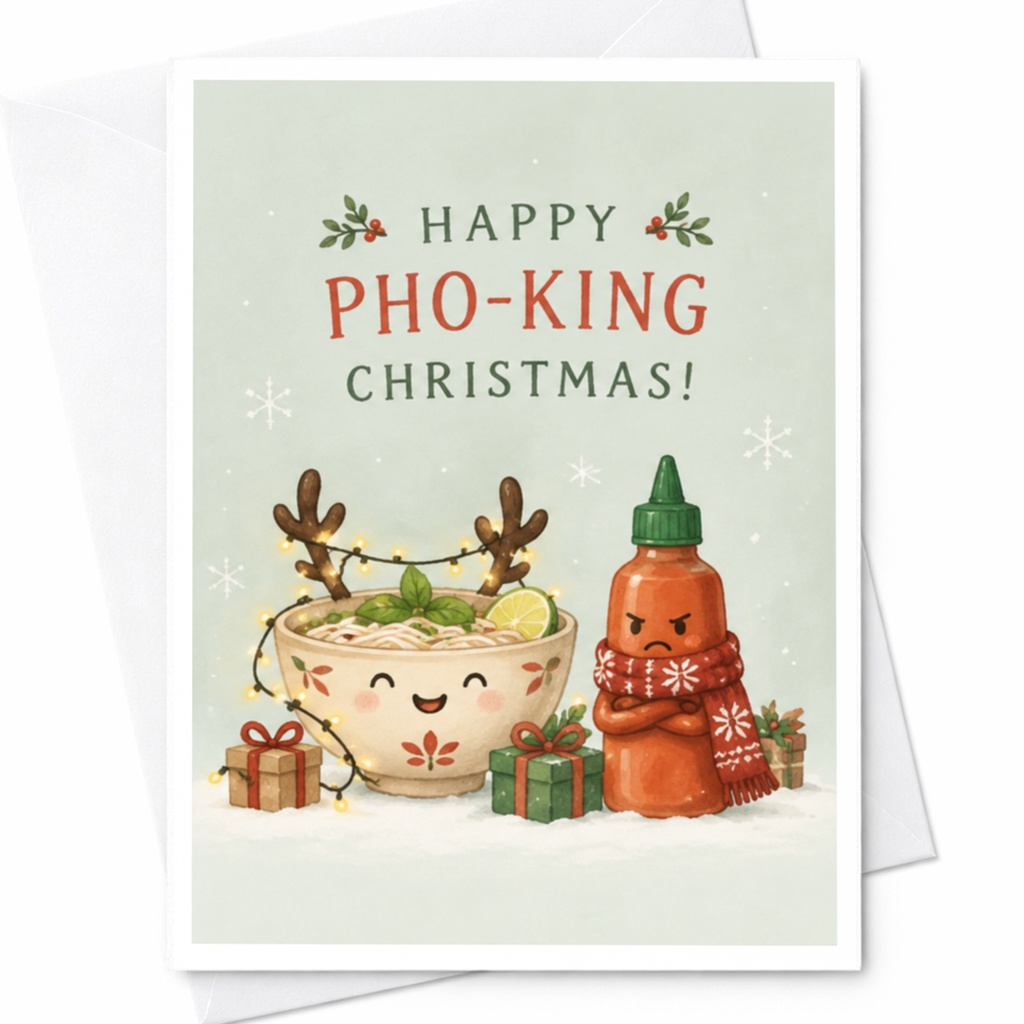 Happy Pho-King Christmas! Funny Christmas Card Pho Bowl Sriracha Bottle Cute Holiday Greeting Card For Food Lovers C7820