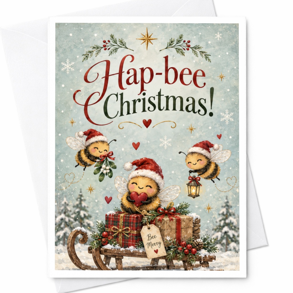 Hap-Bee Christmas! Cute Christmas Card Bees With Santa Hats Holiday Greeting Card For Kids Family Festive Winter Card C7824