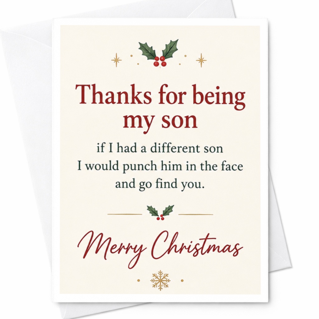 Thanks For Being My Son Merry Christmas Card Funny Holiday Greeting For Son Xmas Card From Parent C7825