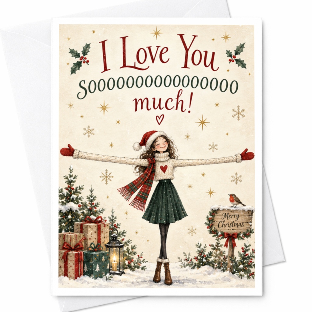 I Love You Sooooooooooooo Much! Christmas Card Cute Holiday Greeting Card For Her Romantic Winter Scene With Gifts C7827