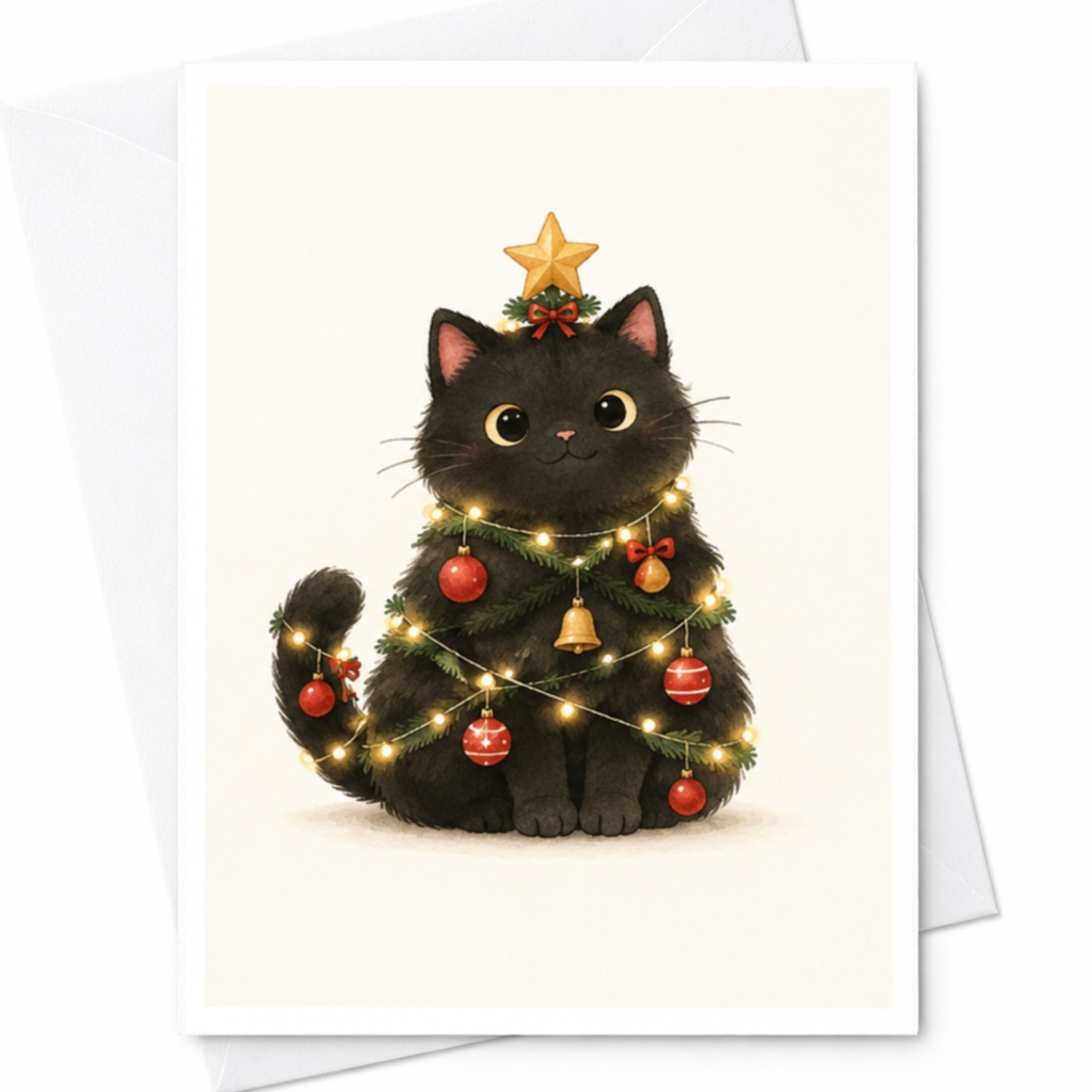 Cat Christmas Card Cute Holiday Greeting Card For Cat Lover Festive Animal Card With Lights And Ornaments Adorable Xmas Card C7831
