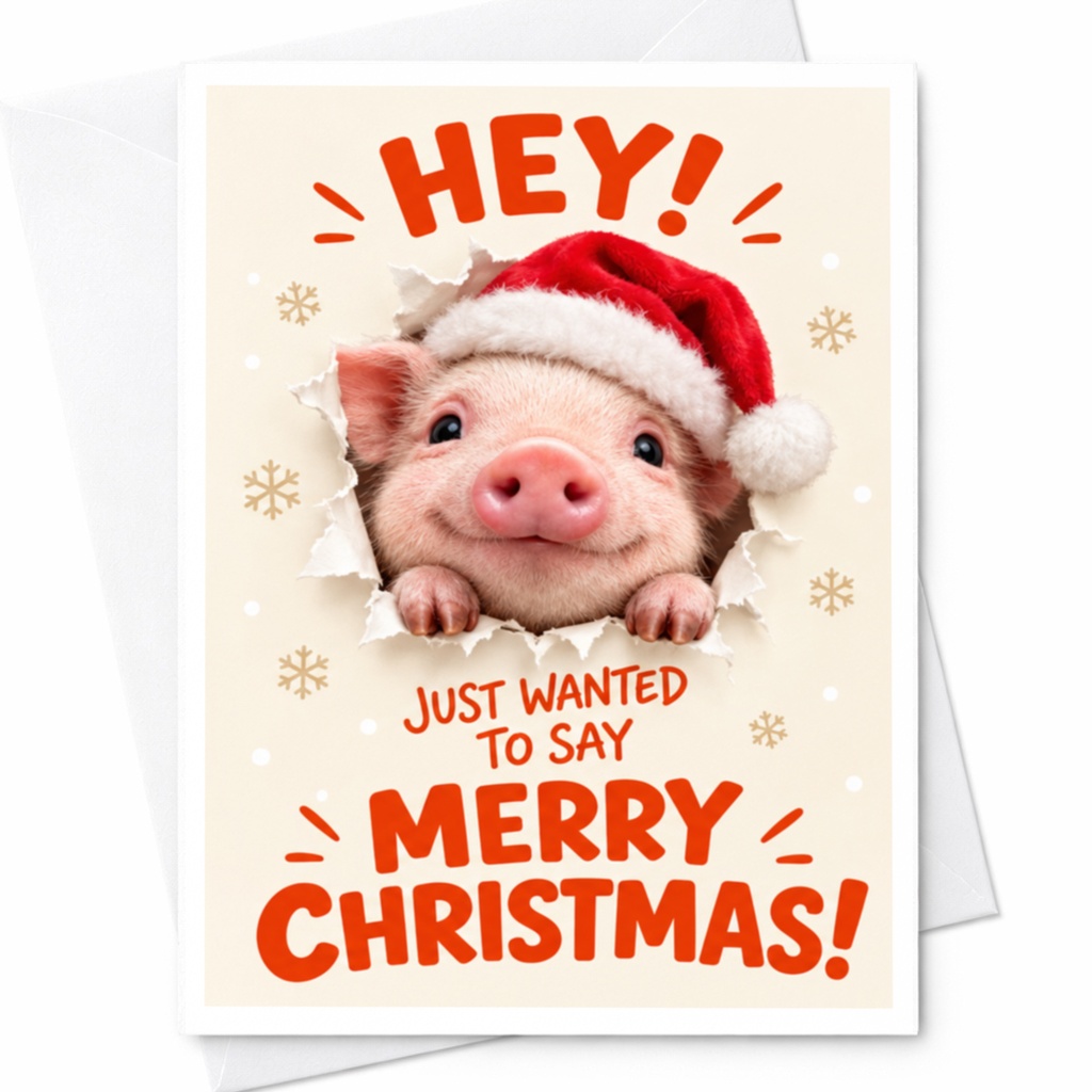 Hey! Just Wanted To Say Merry Christmas! Cute Pig Christmas Card Funny Holiday Greeting Card Animal Lover Xmas Card C7834