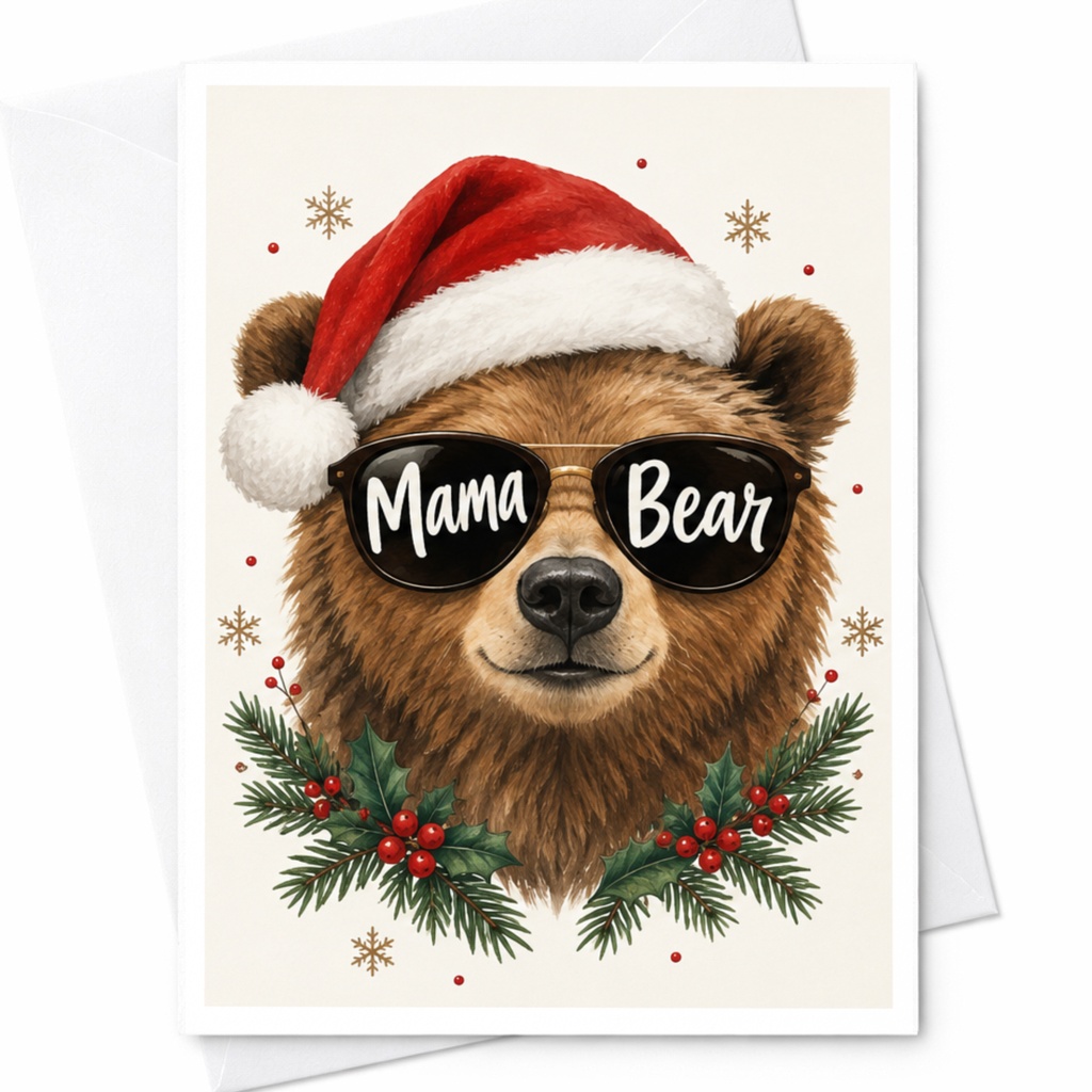 Mama Bear Christmas Card Cute Holiday Greeting Card For Mom Bear Lover Santa Hat Sunglasses Festive C7841