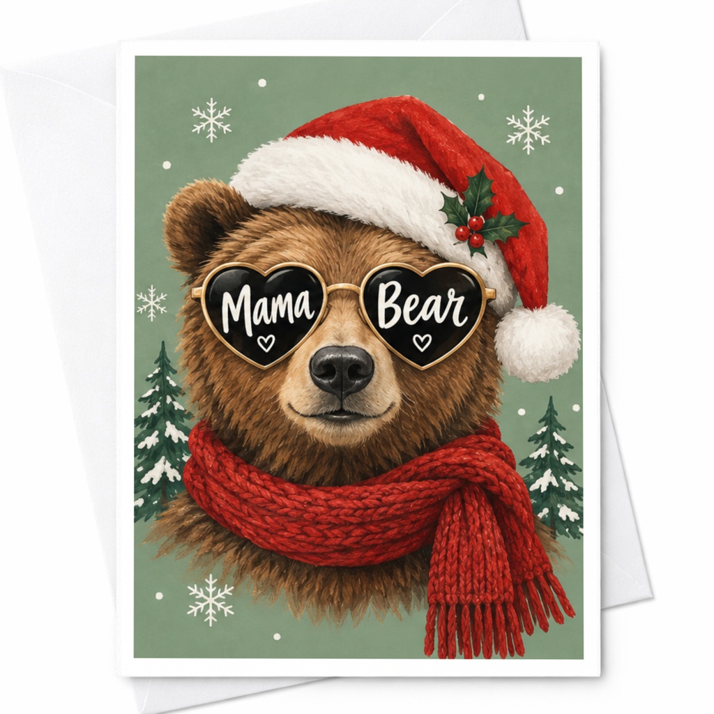 Mama Bear Christmas Card Cute Holiday Greeting Card For Mom Bear Lover Santa Hat Winter Festive Card C7842
