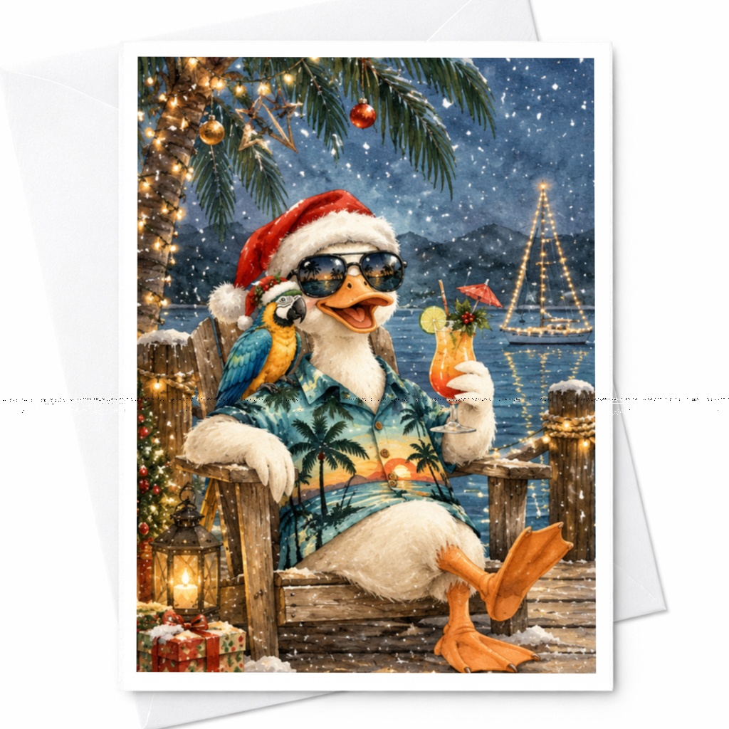 Tropical Christmas Card Duck In Hawaiian Shirt With Parrot Funny Holiday Greeting Card Beach Theme Festive Card For Friends C7846