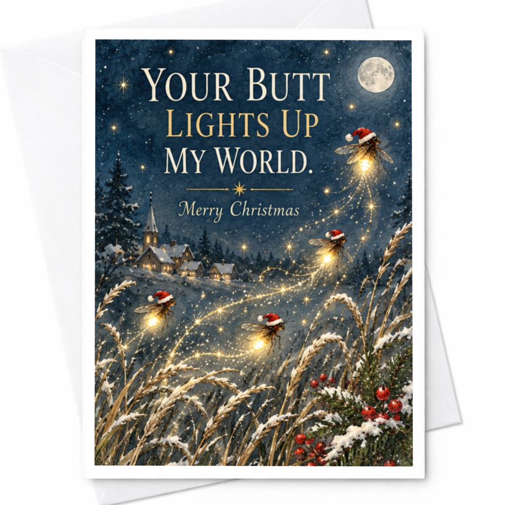 Your Butt Lights Up My World. Merry Christmas Funny Christmas Card Fireflies With Santa Hats Cute Holiday Card For Partner C7756