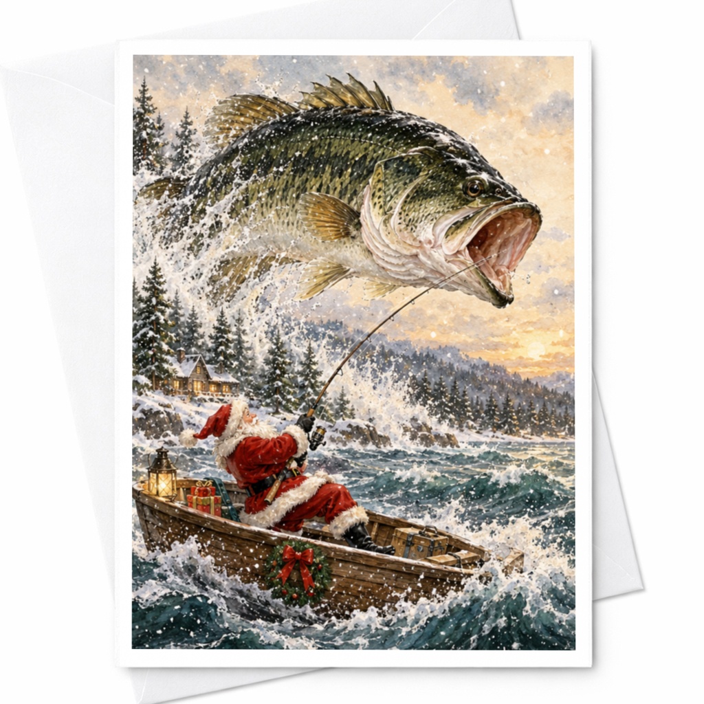 Santa Fishing Christmas Card Funny Holiday Greeting Card For Fisherman Winter Scene With Giant Fish Unique Xmas Card C7757
