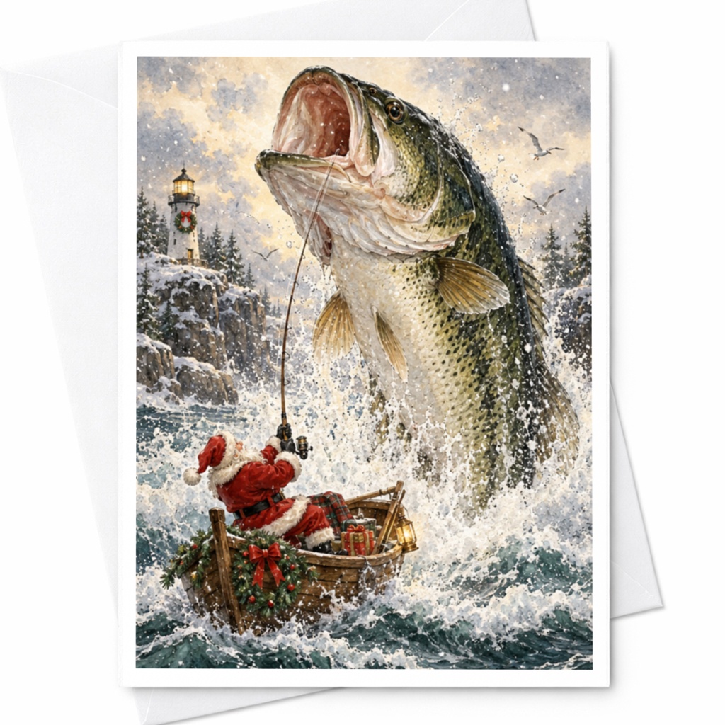 Santa Fishing Christmas Greeting Card Funny Holiday Card For Fisherman Unique Festive Card Winter Scene With Giant Fish C7758