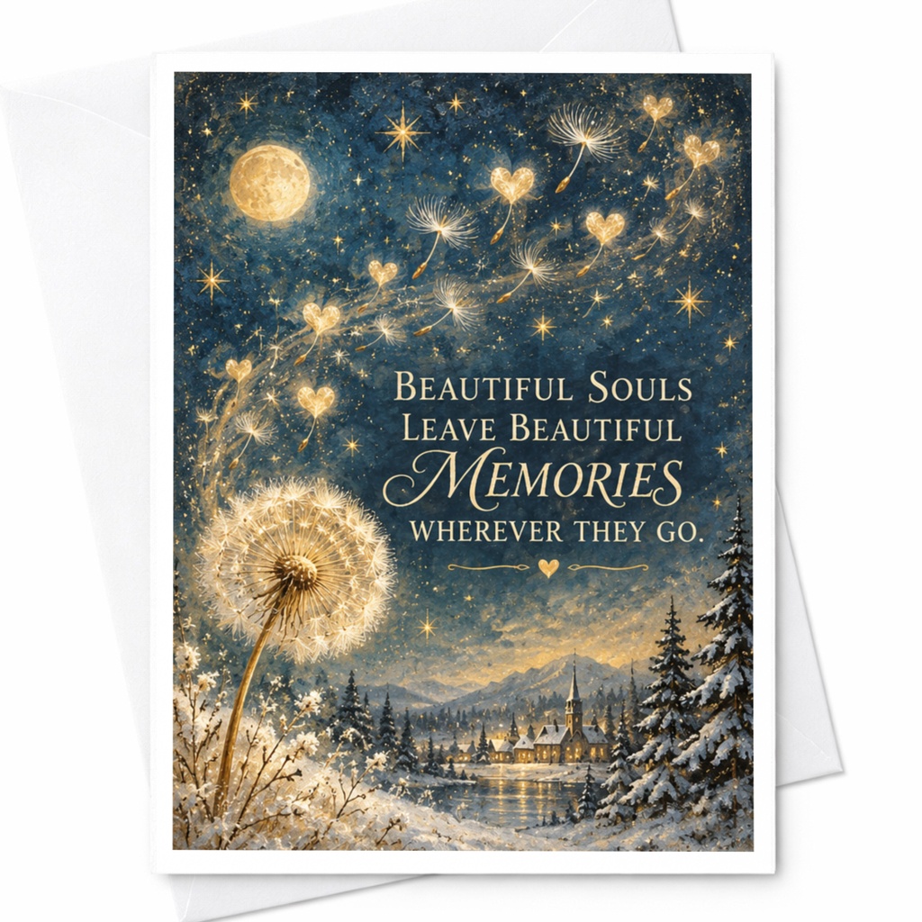 Beautiful Souls Leave Beautiful Memories Wherever They Go Sympathy Card Dandelion Night Sky Comforting Message C7850