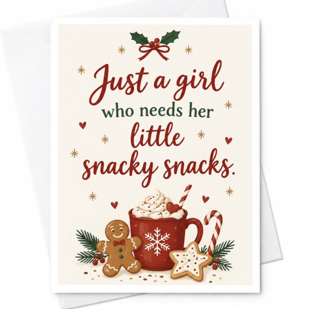 Just A Girl Who Needs Her Little Snacky Snacks Christmas Card Cute Holiday Greeting Card Gingerbread Hot Cocoa C7763