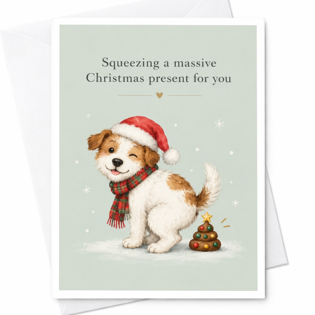 Squeezing A Massive Christmas Present For You Funny Christmas Card Dog In Santa Hat Cute Holiday Greeting Card For Dog Lovers C7772