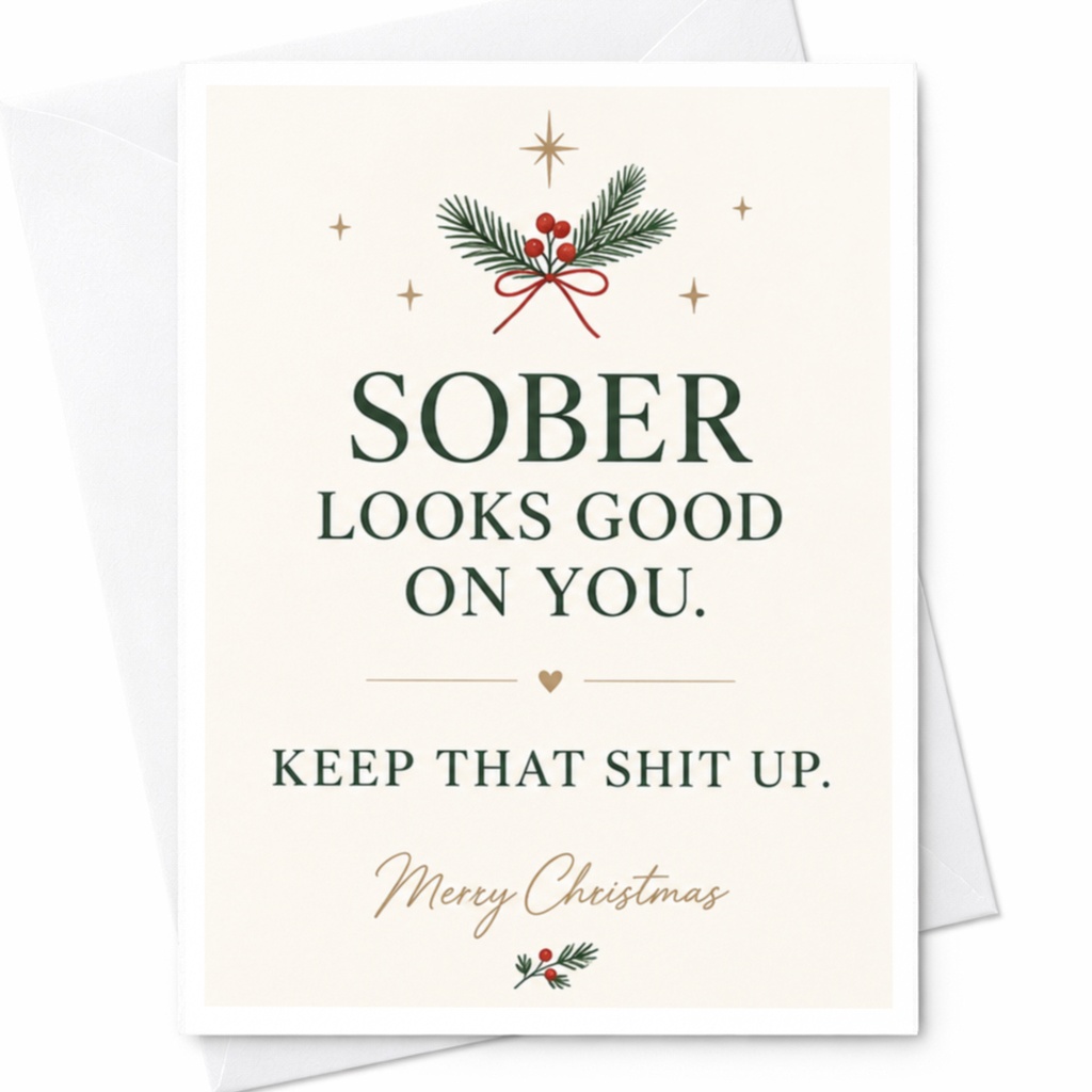 Sober Looks Good On You. Keep That Shit Up. Merry Christmas Card Funny Holiday Greeting Card For Friend Supportive Sobriety C7773