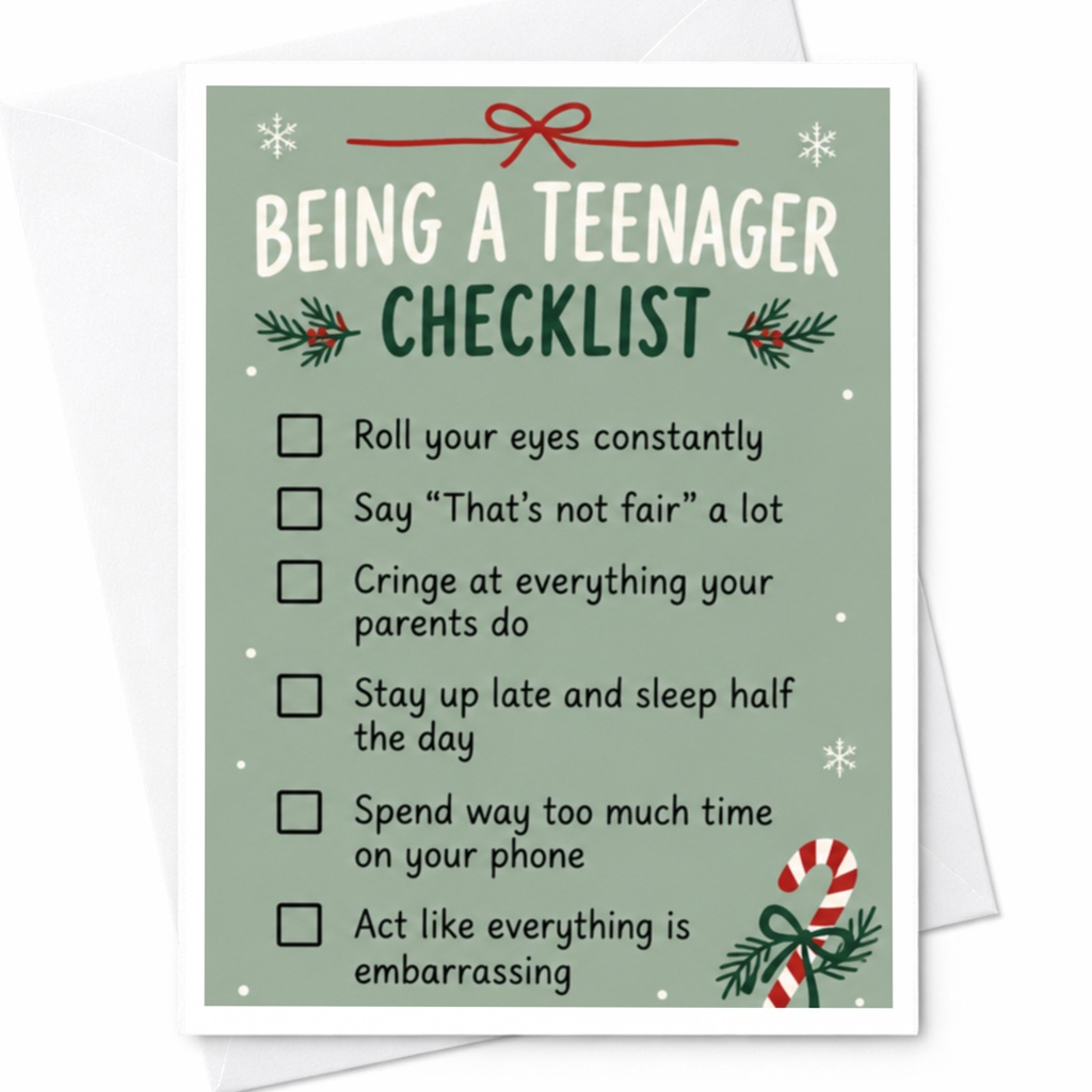 Being A Teenager Checklist Funny Holiday Card Christmas Card For Teens Cute Checklist Teenager C7780