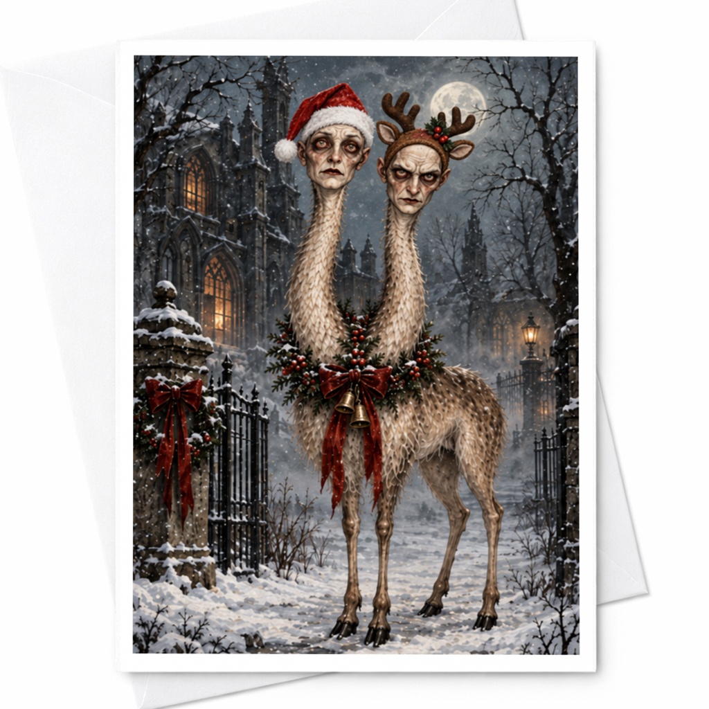 Two-Headed Creature Christmas Card Unique Holiday Greeting Card Fantasy Art Winter Scene For Him Her Quirky Festive Card C7781