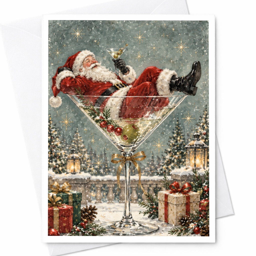 Santa In Martini Glass Christmas Card Festive Holiday Greeting Card Funny Santa Card For Him Her Cute Xmas Card C7790