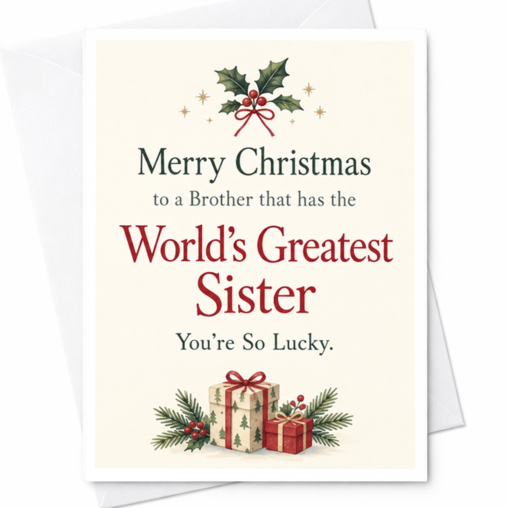 Merry Christmas To A Brother That Has The World's Greatest Sister You're So Lucky Christmas Card Funny Holiday Card For Brother C7791