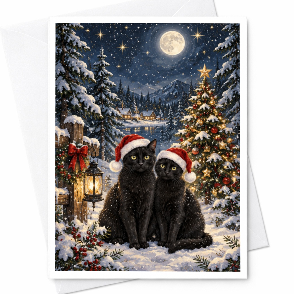 Black Cats Christmas Card Cute Holiday Greeting Card Winter Scene For Cat Lover Festive Santa Hat Cats Snowy Christmas Card C7793