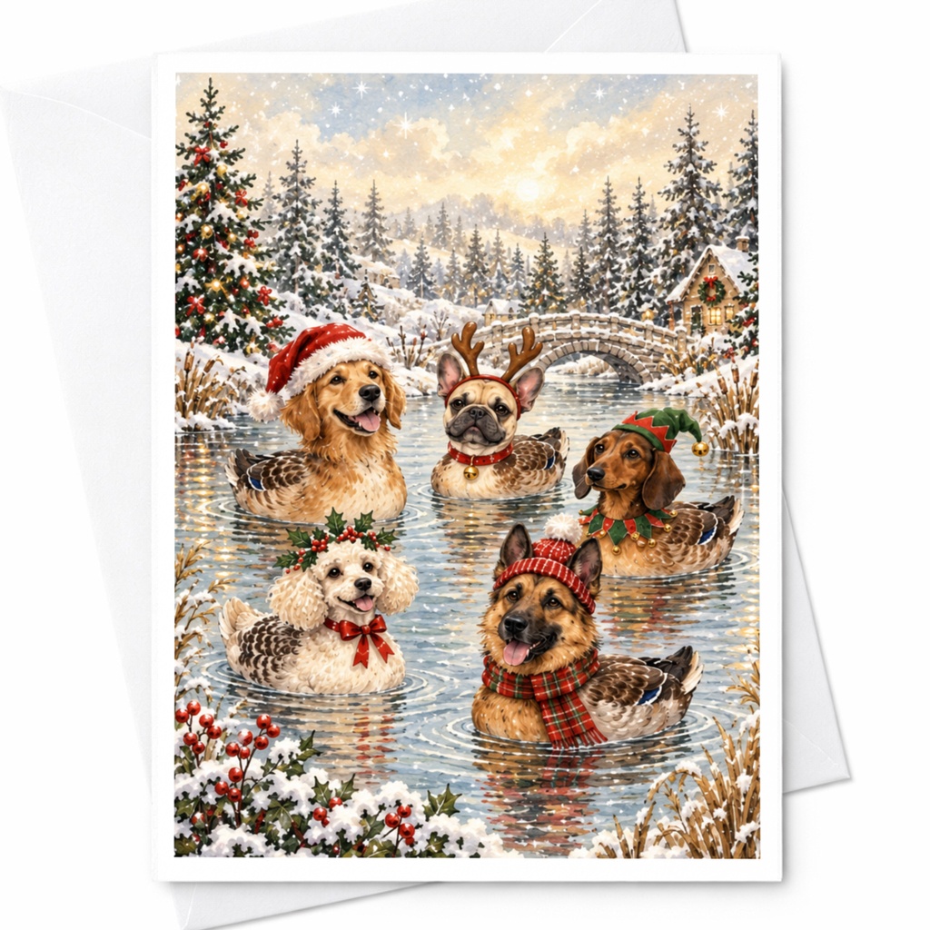 Festive Dogs Christmas Card Cute Holiday Greeting Card Winter Scene For Dog Lovers Adorable Seasonal Card With Santa Hats C7795