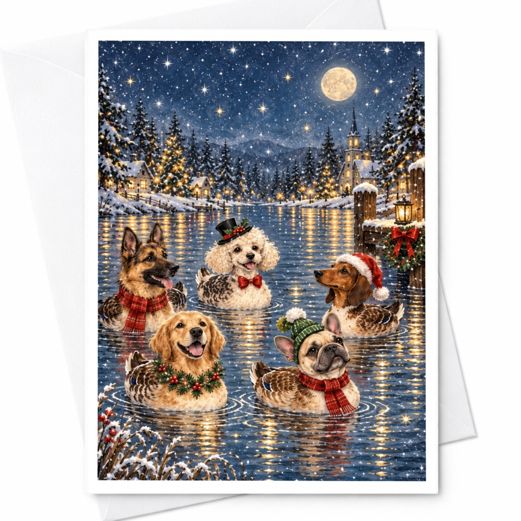 Festive Dogs Christmas Card Cute Holiday Greeting Card Winter Scene For Dog Lovers Snowy Lake Scenic Card C7796