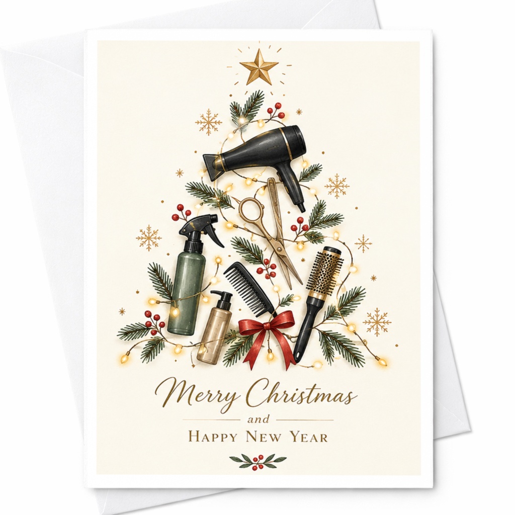 Merry Christmas And Happy New Year Hair Stylist Christmas Card Holiday Greeting Card For Hairdresser Festive Salon Card C7797