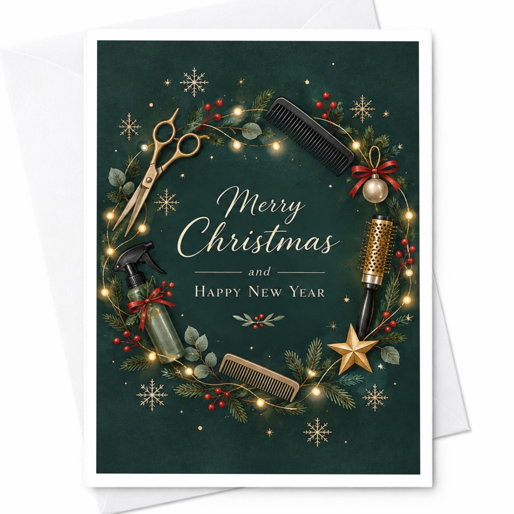 Merry Christmas And Happy New Year Hairdresser Christmas Card Holiday Greeting Card For Hairstylist Barber Festive Wreath C7798