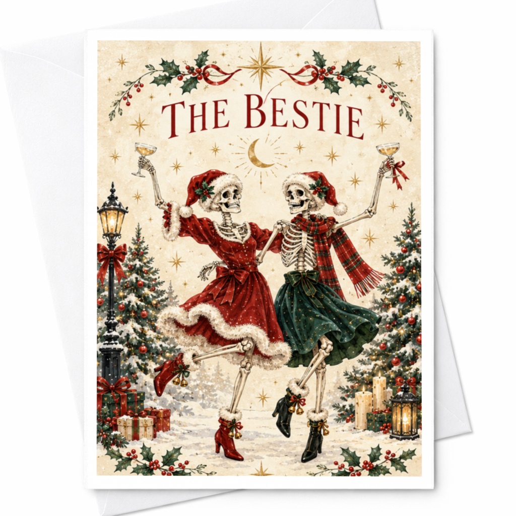 The Bestie Christmas Card Festive Skeletons Holiday Greeting Card For Best Friend Funny Xmas Card Cute Holiday Card C7799