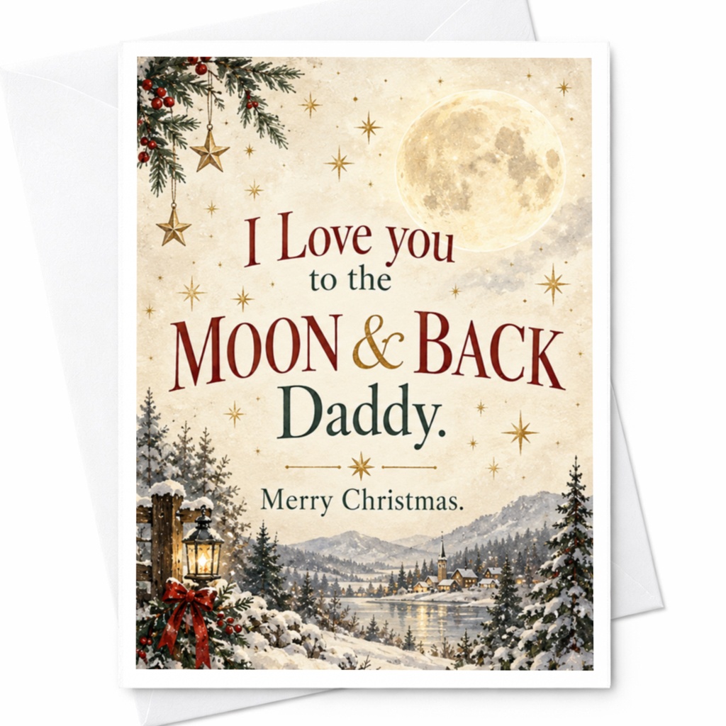 I Love You To The Moon & Back Daddy. Merry Christmas. Christmas Card For Dad From Kids Cute Holiday Card Winter Scene C7810