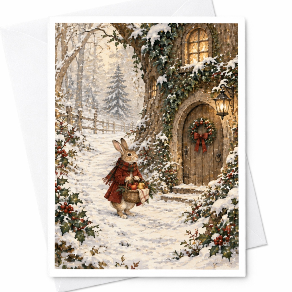Winter Rabbit Scene Christmas Card Woodland Animal Holiday Greeting Card Cute Festive For Nature Lover C7817