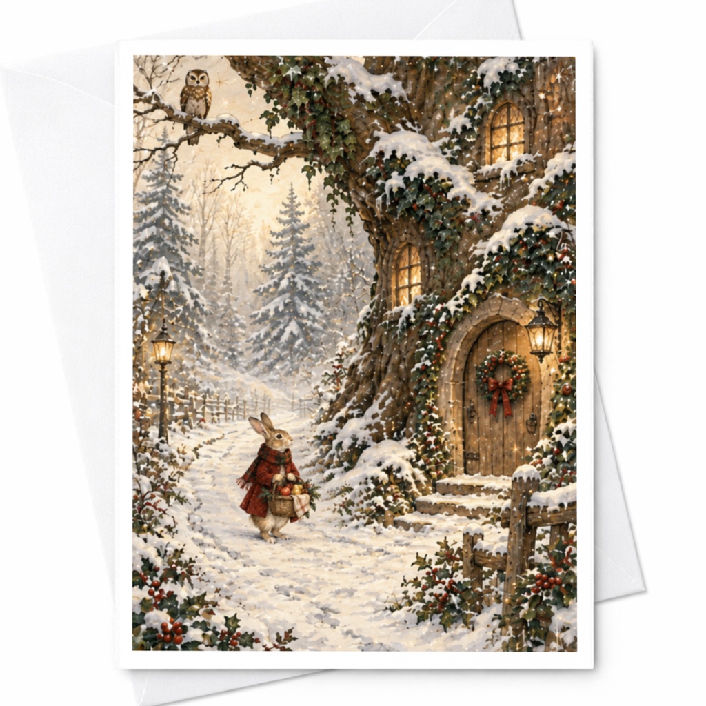 Winter Woodland Christmas Card Cute Rabbit Owl Snowy Scene Holiday Greeting Card For Animal Lover Festive Nature Art C7818