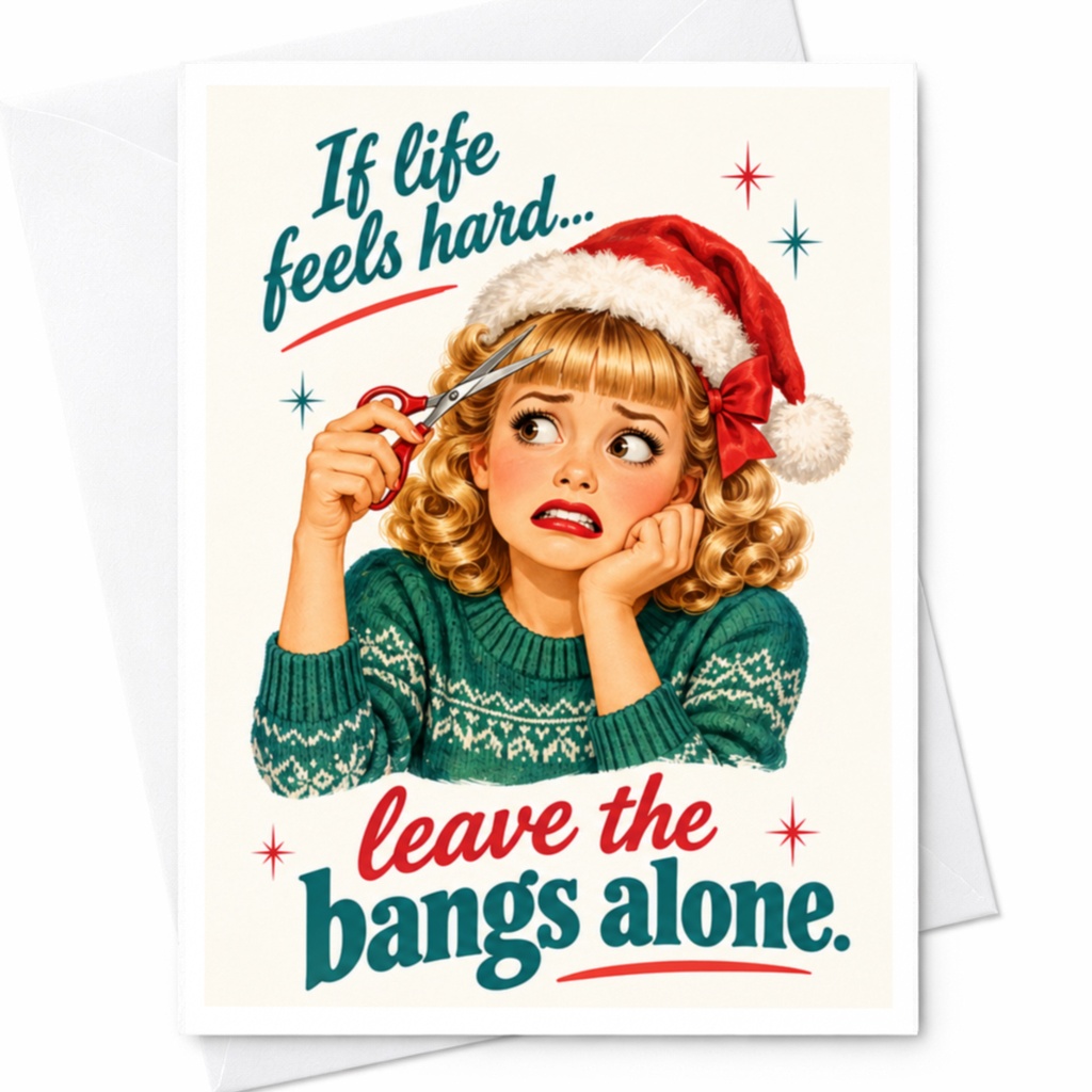 If Life Feels Hard Leave The Bangs Alone Funny Christmas Card Retro Woman Santa Hat Holiday Greeting Card C7821
