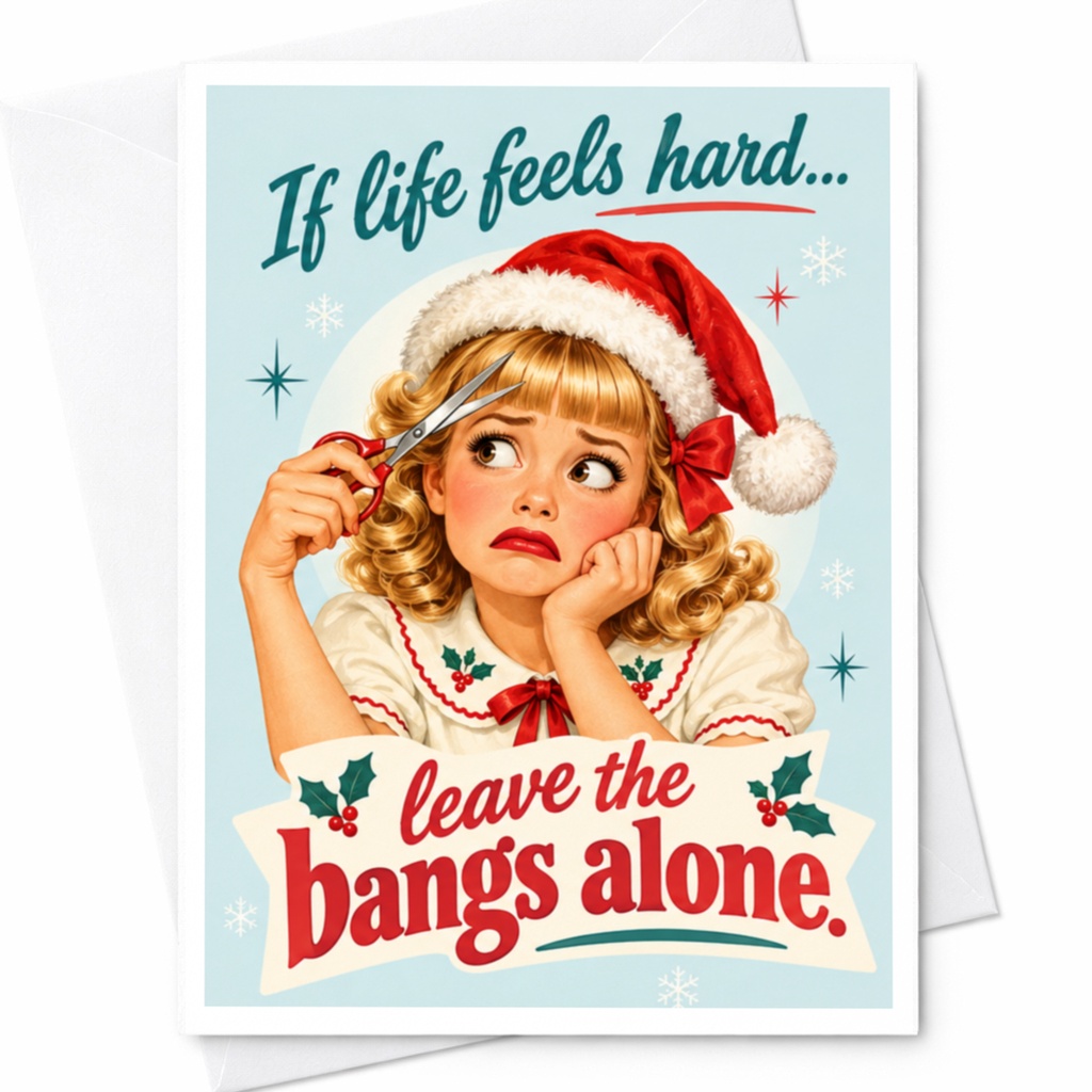 If Life Feels Hard Leave The Bangs Alone Funny Christmas Card Retro Style Holiday Greeting Card For Her Cute Santa Hat C7822