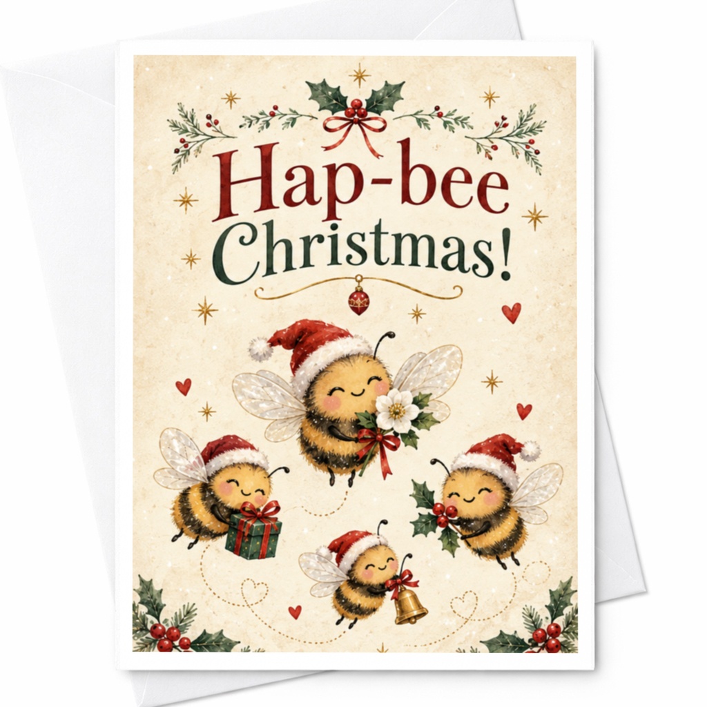 Hap-Bee Christmas! Cute Christmas Card Bees With Santa Hats Holiday Greeting Card For Bee Lovers Festive Holiday Card C7823