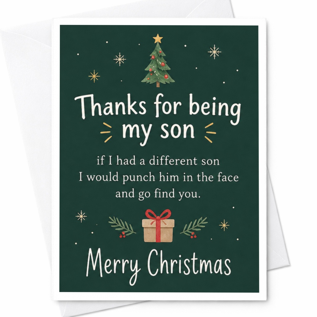 Thanks For Being My Son Merry Christmas Card Funny Holiday Greeting Card For Son Xmas Card From Parent C7826