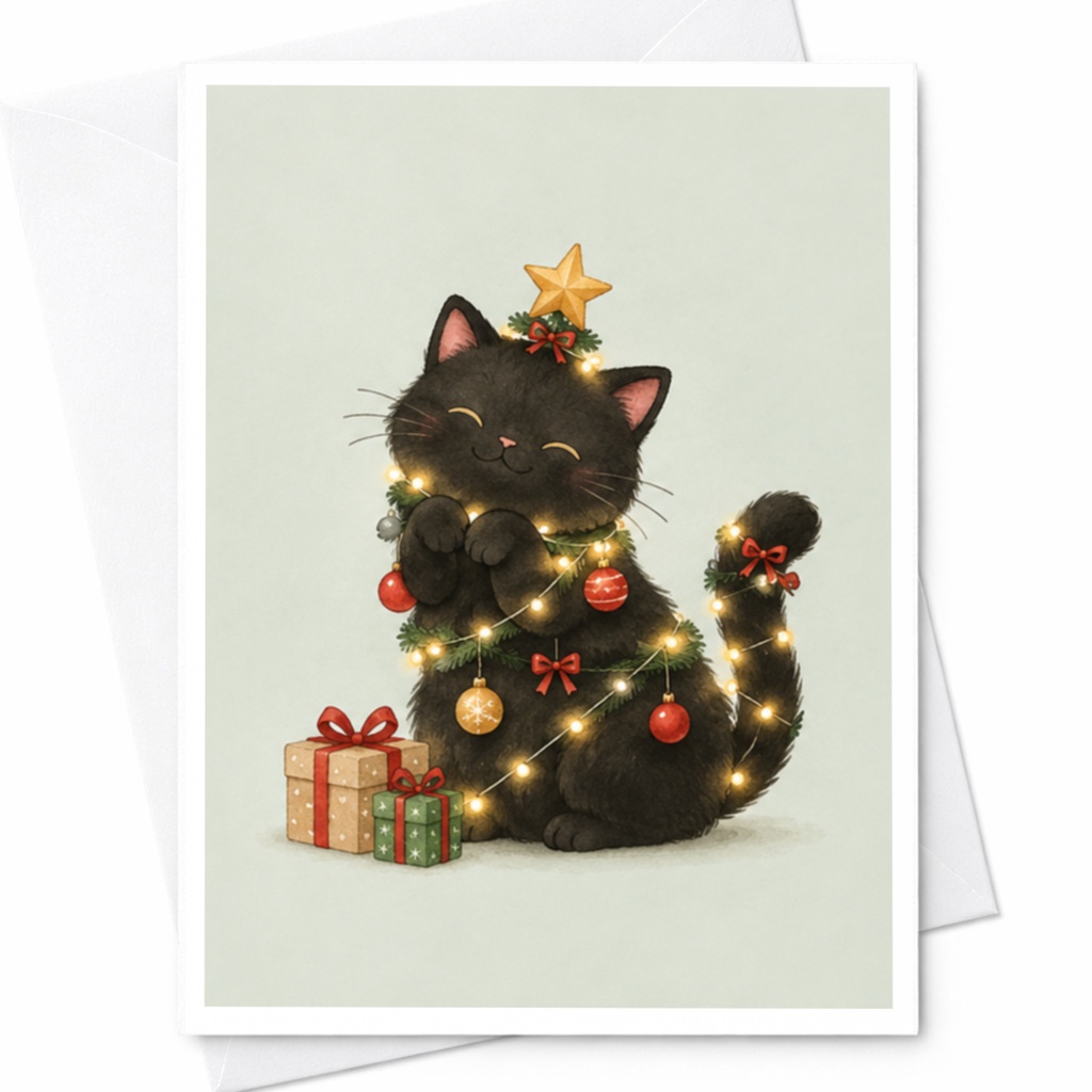Cute Cat Christmas Card Holiday Greeting Card For Cat Lover Festive Animal Card With Lights And Gifts Adorable Xmas Card C7832