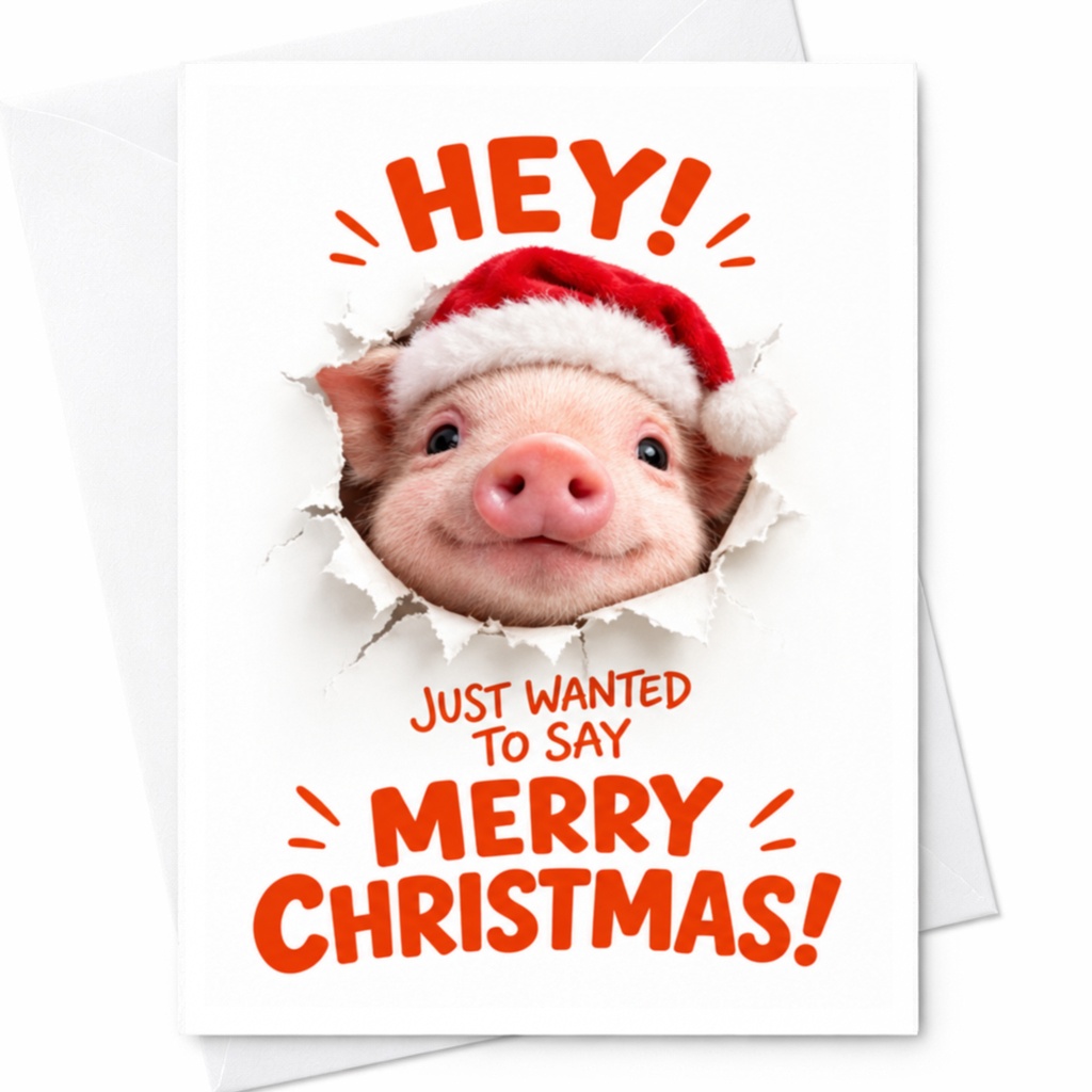 Hey! Just Wanted To Say Merry Christmas! Cute Pig Christmas Card Funny Holiday Greeting Card Animal Lover Xmas Card C7833