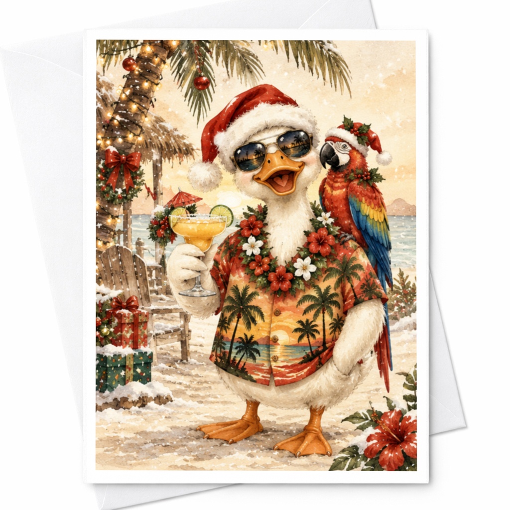 Tropical Christmas Card Duck In Hawaiian Shirt With Parrot Santa Hat Beach Holiday Greeting Card Funny Animal Christmas Card C7845