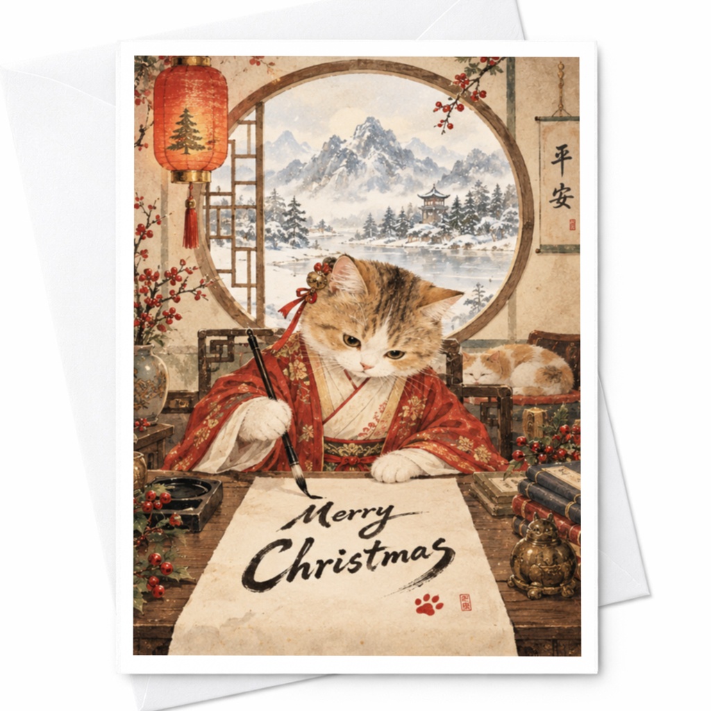 Merry Christmas Cat Writing Calligraphy Christmas Card Cute Holiday Greeting Card For Cat Lover Festive Animal Art C7859