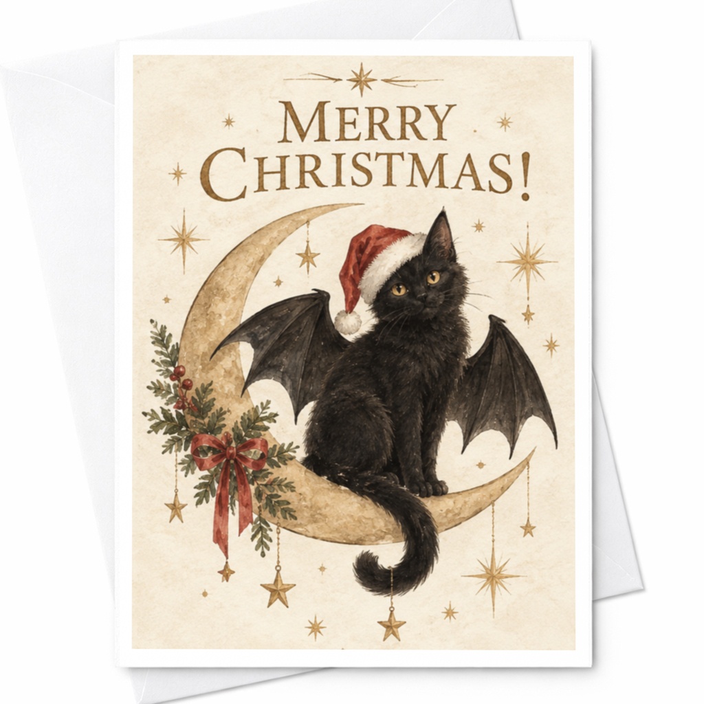 Merry Christmas! Cute Black Cat Christmas Card With Bat Wings Crescent Moon Festive Holiday Greeting Card For Cat Lovers C7861