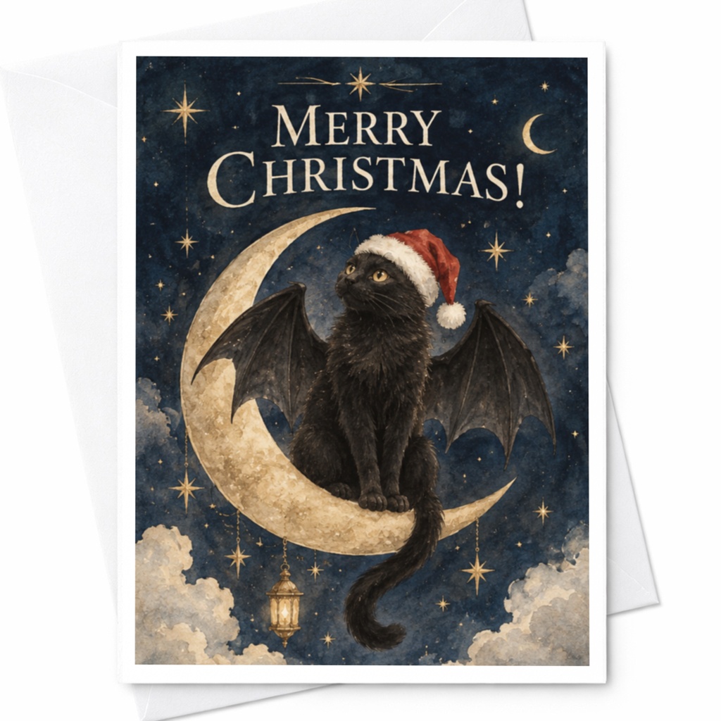 Merry Christmas! Cute Cat With Bat Wings Christmas Card Fantasy Holiday Greeting Card For Cat Lover Whimsical Art C7862