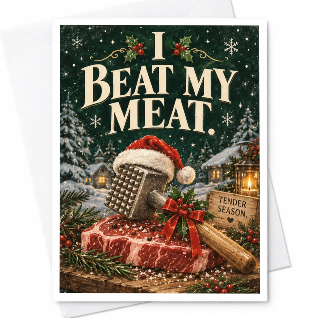 I Beat My Meat. Funny Christmas Card Holiday Greeting Card For Him Meat Lover Santa Hat Cute Festive Card C7866