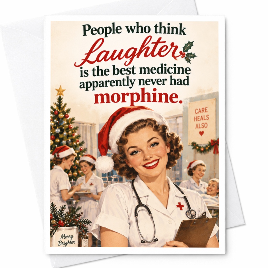 People Who Think Laughter Is The Best Medicine Apparently Never Had Morphine Funny Christmas Card Nurse Holiday Greeting C7869