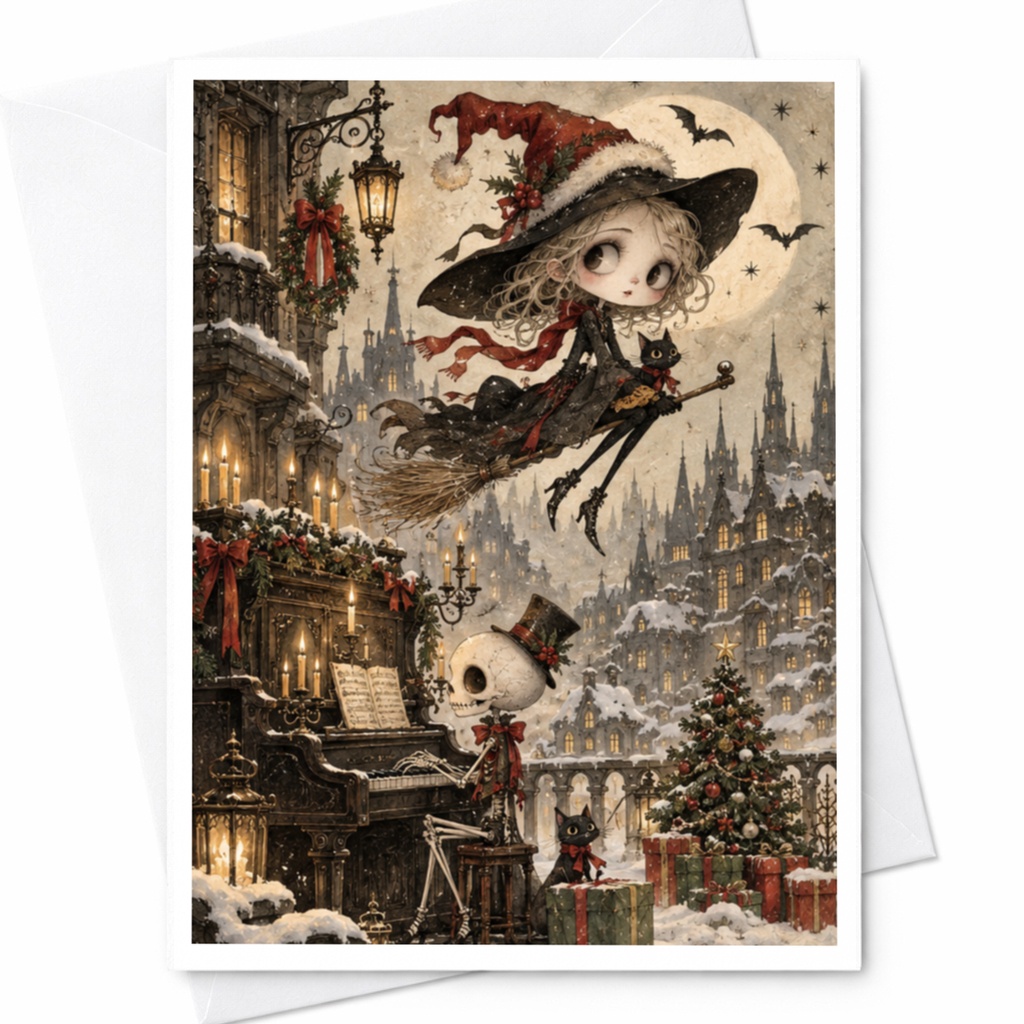 Witch And Skeleton Christmas Greeting Card Holiday Magic Gothic Art Festive Winter Scene For Halloween Lovers C7873